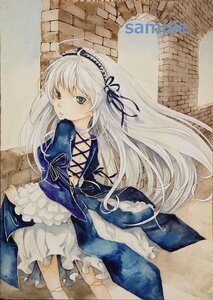 Rating: Safe Score: 0 Tags: 1girl dress frills green_eyes hairband image long_hair long_sleeves looking_back photo ribbon silver_hair solo standing suigintou traditional_media wings User: admin