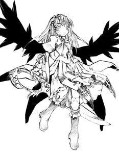 Rating: Safe Score: 0 Tags: 1girl black_wings boots dress feathered_wings frills full_body greyscale hairband image long_hair long_sleeves looking_at_viewer monochrome solo suigintou weapon white_background wings User: admin