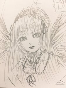 Rating: Safe Score: 0 Tags: 1girl blush bug butterfly frills graphite_(medium) image insect long_hair looking_at_viewer monochrome signature simple_background sketch solo suigintou traditional_media User: admin