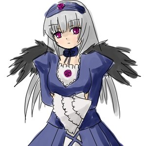 Rating: Safe Score: 0 Tags: 1girl black_wings blue_dress crossed_arms detached_collar dress feathered_wings hat image long_hair long_sleeves looking_at_viewer pink_eyes silver_hair simple_background solo suigintou white_background wings User: admin
