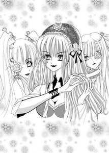 Rating: Safe Score: 0 Tags: 3girls breasts cleavage dress flower greyscale hair_ornament hat holding_hands image long_hair looking_at_viewer monochrome multiple multiple_girls open_mouth rose smile snowflakes suigintou tagme User: admin