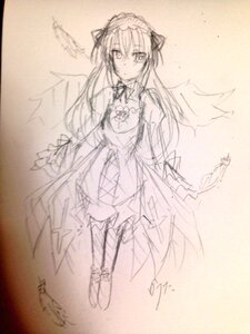 Rating: Safe Score: 0 Tags: 1girl auto_tagged boots closed_mouth dress eyebrows_visible_through_hair feathered_wings full_body hairband image long_hair long_sleeves looking_at_viewer monochrome sketch solo standing suigintou traditional_media very_long_hair wide_sleeves wings User: admin