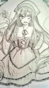 Rating: Safe Score: 0 Tags: 1girl dress frills greyscale image long_hair long_sleeves looking_at_viewer monochrome open_mouth solo suiseiseki traditional_media very_long_hair wide_sleeves User: admin