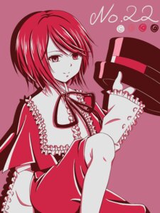 Rating: Safe Score: 0 Tags: 1girl capelet character_name frilled_sleeves frills image long_sleeves looking_at_viewer monochrome red_eyes red_hair red_theme ribbon short_hair sitting smile solo souseiseki User: admin