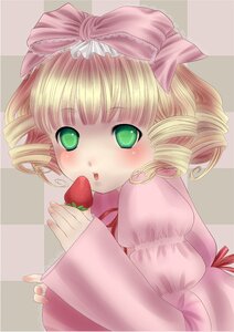 Rating: Safe Score: 0 Tags: 1girl blonde_hair blush bow checkered checkered_background dress drill_hair food fruit green_eyes hina_ichigo hinaichigo holding holding_food holding_fruit image juliet_sleeves long_sleeves pink_bow pink_dress puffy_sleeves solo strawberry striped twin_drills User: admin