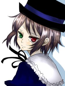 Rating: Safe Score: 0 Tags: 1girl auto_tagged closed_mouth crying frills green_eyes hat heterochromia image looking_at_viewer looking_back red_eyes ribbon short_hair solo souseiseki tears top_hat white_background User: admin