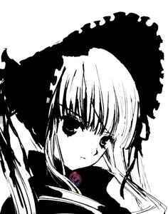 Rating: Safe Score: 0 Tags: 1girl bangs bonnet closed_mouth flower image long_hair looking_at_viewer monochrome rose shinku simple_background solo suigintou upper_body white_background User: admin