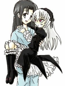 Rating: Safe Score: 0 Tags: 2girls boots carrying dress frills hairband image kakizaki_megu knee_boots lolita_hairband long_hair long_sleeves looking_at_another multiple_girls open_mouth pink_eyes princess_carry simple_background solo suigintou white_background User: admin