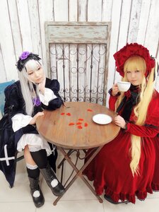 Rating: Safe Score: 0 Tags: 2girls 91076 blonde_hair blue_eyes boots chair cup dress flower frills long_hair multiple_cosplay multiple_girls shinku sitting suigintou table tagme tea teacup very_long_hair User: admin