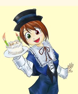 Rating: Safe Score: 0 Tags: 1girl :d brown_hair cake dress food frills green_eyes hat heterochromia image long_sleeves looking_at_viewer open_mouth red_eyes short_hair simple_background smile solo souseiseki suiseiseki top_hat yellow_background User: admin