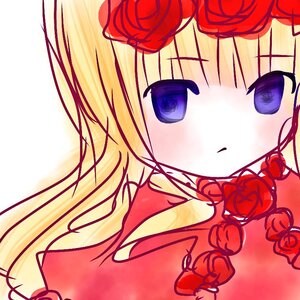 Rating: Safe Score: 0 Tags: 1girl blonde_hair blue_eyes flower hair_flower hibiscus image long_hair red_flower red_rose rose shinku simple_background solo User: admin