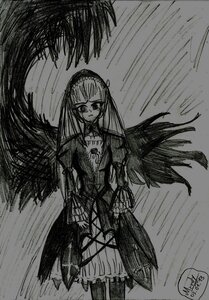 Rating: Safe Score: 0 Tags: 1girl auto_tagged black_wings dress feathered_wings greyscale hairband image long_hair long_sleeves looking_at_viewer monochrome solo standing suigintou traditional_media wings User: admin