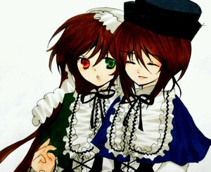 Rating: Safe Score: 0 Tags: 2girls brown_hair closed_eyes dress frills green_eyes hat heterochromia image long_hair long_sleeves looking_at_viewer multiple_girls pair red_eyes short_hair siblings simple_background sisters smile souseiseki suiseiseki twins upper_body User: admin