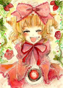 Rating: Safe Score: 0 Tags: 1girl apple auto_tagged blonde_hair bow closed_eyes dress flower food fruit grapes hina_ichigo hinaichigo holding_fruit image open_mouth pink_bow red_flower red_rose ribbon rose short_hair smile solo strawberry traditional_media User: admin