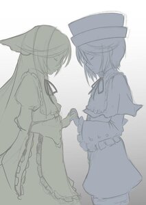 Rating: Safe Score: 0 Tags: 2girls bow capelet closed_eyes dress hat image long_hair long_sleeves monochrome multiple_girls pair ribbon short_hair souseiseki striped suiseiseki User: admin