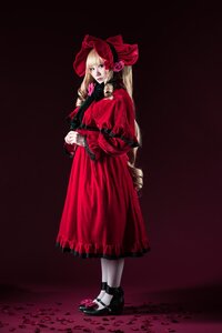 Rating: Safe Score: 0 Tags: 1girl black_footwear blonde_hair blue_eyes bonnet bow dress flower full_body jewelry long_hair long_sleeves red_dress rose shinku solo standing User: admin