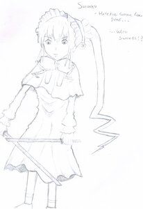 Rating: Safe Score: 0 Tags: 1girl dress greyscale image long_hair long_sleeves looking_at_viewer monochrome shinku solo standing striped very_long_hair white_background User: admin