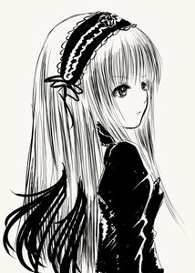 Rating: Safe Score: 0 Tags: 1girl bangs blush closed_mouth dress eyebrows_visible_through_hair frills gothic_lolita greyscale hairband image lolita_fashion lolita_hairband long_hair long_sleeves looking_at_viewer monochrome simple_background solo suigintou upper_body User: admin