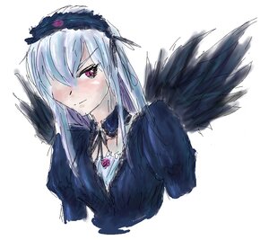 Rating: Safe Score: 0 Tags: 1girl black_wings closed_mouth dress feathered_wings feathers flower hairband image long_hair long_sleeves looking_at_viewer pink_eyes silver_hair simple_background solo suigintou upper_body white_background wings User: admin