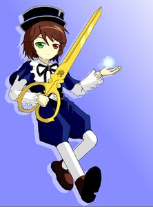 Rating: Safe Score: 0 Tags: blue_background brown_hair full_body green_eyes hat heterochromia holding image long_sleeves looking_at_viewer red_eyes ribbon short_hair simple_background solo souseiseki top_hat weapon white_legwear User: admin