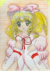 Rating: Safe Score: 0 Tags: 1girl blonde_hair blush bow dress drill_hair frills green_eyes hina_ichigo hinaichigo image long_sleeves looking_at_viewer pink_bow short_hair smile solo traditional_media User: admin