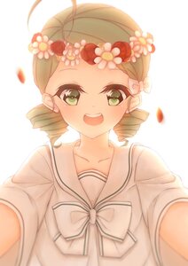 Rating: Safe Score: 0 Tags: 1girl :d antenna_hair blurry_foreground blush collarbone drill_hair flower foreshortening green_eyes hair_flower head_wreath image kanaria looking_at_viewer open_mouth outstretched_arm outstretched_hand petals reaching_out sailor_collar shirt short_sleeves smile solo striped striped_background twin_drills upper_body vertical_stripes white_background User: admin
