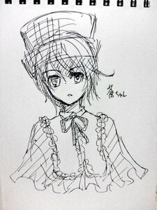 Rating: Safe Score: 0 Tags: 1girl capelet eyebrows_visible_through_hair greyscale hat image long_sleeves looking_at_viewer monochrome neck_ribbon ribbon short_hair sketch solo souseiseki traditional_media upper_body User: admin