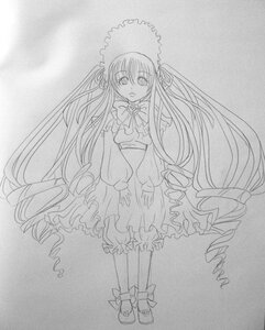 Rating: Safe Score: 0 Tags: 1girl bow bowtie dress drill_hair frills full_body greyscale image long_hair long_sleeves looking_at_viewer monochrome shinku shoes solo standing traditional_media twintails very_long_hair User: admin