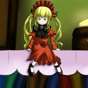Rating: Safe Score: 0 Tags: 1girl blonde_hair blue_eyes blush bonnet bow bowtie dress green_bow image long_hair long_sleeves mary_janes red_dress shinku shoes sitting solo twintails User: admin