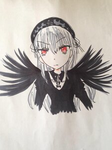 Rating: Safe Score: 0 Tags: 1girl bangs black_ribbon black_wings closed_mouth dress eyebrows_visible_through_hair feathered_wings frills hairband image long_hair looking_at_viewer red_eyes simple_background solo suigintou traditional_media upper_body wings User: admin