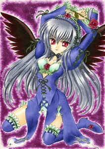 Rating: Safe Score: 0 Tags: 1girl black_wings breasts dress flower frills image long_hair marker_(medium) red_eyes rose silver_hair solo suigintou thighhighs traditional_media wings User: admin