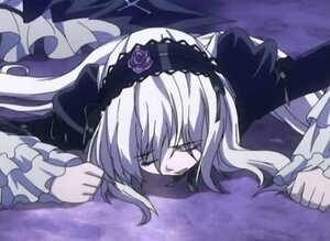 Rating: Safe Score: 0 Tags: 1girl bangs closed_eyes dress flower frilled_sleeves frills hairband image long_hair long_sleeves lying on_stomach ribbon rose silver_hair solo suigintou User: admin
