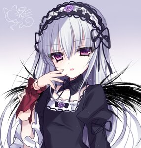 Rating: Safe Score: 0 Tags: 1girl bangs black_dress black_ribbon black_wings bow commentary_request detached_collar doll_joints dress eyebrows_visible_through_hair flower frills gothic_lolita gradient gradient_background hairband hand_up holding image joints juliet_sleeves lolita_fashion lolita_hairband long_hair long_sleeves looking_at_viewer open_mouth puffy_sleeves red_eyes rose rozen_maiden shinku silver_hair smile solo suigintou torn_clothes tsukikage_nemu upper_body wings User: admin