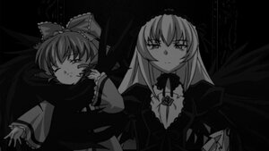 Rating: Safe Score: 0 Tags: 2girls bow breasts cleavage closed_eyes dress greyscale hinaichigo image long_hair long_sleeves monochrome multiple_girls pair ribbon suigintou wings User: admin