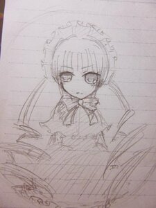 Rating: Safe Score: 0 Tags: 1girl bowtie dress image long_sleeves looking_at_viewer maid maid_headdress monochrome shinku simple_background sketch solo traditional_media User: admin