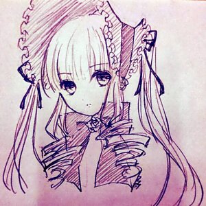 Rating: Safe Score: 0 Tags: 1girl bonnet closed_mouth drill_hair flower hair_ribbon image long_hair looking_at_viewer monochrome ribbon rose shinku simple_background solo traditional_media twintails User: admin