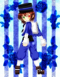 Rating: Safe Score: 0 Tags: 1boy blue_flower blue_rose brown_hair flower green_eyes hat heterochromia image looking_back red_eyes rose solo souseiseki top_hat User: admin