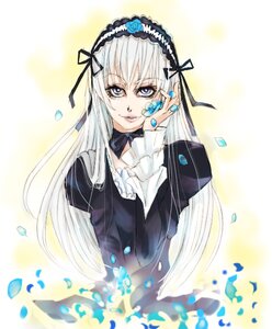 Rating: Safe Score: 0 Tags: 1girl bangs black_dress dress frills hairband image lolita_fashion long_hair long_sleeves looking_at_viewer petals ribbon rose silver_hair smile solo suigintou User: admin