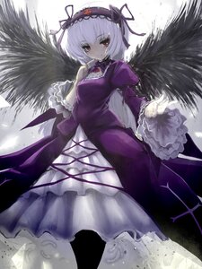 Rating: Safe Score: 0 Tags: 1girl black_wings blush dress frills hairband image juliet_sleeves long_sleeves looking_at_viewer puffy_sleeves purple_dress red_eyes ribbon rose silver_hair solo suigintou wings User: admin