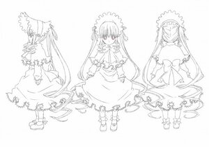 Rating: Safe Score: 0 Tags: 1girl dress frills full_body greyscale hair_ribbon image lineart long_hair long_sleeves looking_at_viewer monochrome multiple_views ribbon shinku simple_background solo standing twintails very_long_hair User: admin