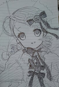 Rating: Safe Score: 0 Tags: 1girl blush bow dress drill_hair flower frills hair_ornament image kanaria long_hair long_sleeves looking_at_viewer monochrome nose_blush open_mouth rose solo traditional_media umbrella upper_body User: admin