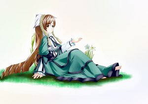 Rating: Safe Score: 0 Tags: 1girl barefoot bow brown_hair dress flower full_body green_dress image long_hair long_sleeves looking_at_viewer sitting solo suiseiseki very_long_hair User: admin