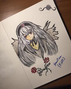 Rating: Safe Score: 0 Tags: 1girl black_dress closed_mouth dress flower frills hairband image long_hair long_sleeves looking_at_viewer photo red_eyes rose silver_hair smile solo suigintou traditional_media wings User: admin