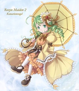Rating: Safe Score: 0 Tags: 1girl 86800 ahoge blue_background bow commentary_request dress drill_hair eighth_note flower frills green_eyes green_hair hair_ornament highres image kanaria mtyy musical_note orange_skirt parasol photoshop_(medium) rain rozen_maiden shoes skirt solo twin_drills umbrella white_legwear User: admin