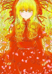 Rating: Safe Score: 0 Tags: 1girl blonde_hair dress drill_hair flower frills hair_ribbon image long_hair petals red_dress ribbon rose_petals shinku solo traditional_media yellow_eyes User: admin