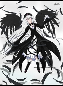 Rating: Safe Score: 0 Tags: 1girl bird black_feathers black_wings crow dress feathers flower frills gradient_background hairband image kneehighs long_hair long_sleeves looking_at_viewer rose silver_hair solo suigintou very_long_hair wings User: admin