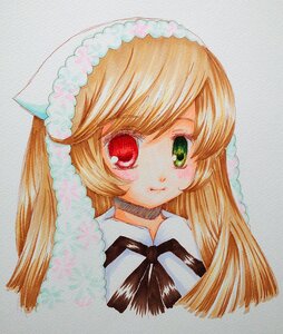 Rating: Safe Score: 0 Tags: 1girl bangs black_ribbon blonde_hair closed_mouth green_eyes heterochromia image long_hair looking_at_viewer neck_ribbon portrait red_eyes ribbon simple_background solo suiseiseki traditional_media watercolor_(medium) User: admin