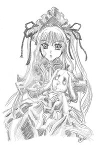 Rating: Safe Score: 0 Tags: 1girl blush dress greyscale image long_hair long_sleeves looking_at_viewer monochrome ribbon rose shinku simple_background solo suigintou traditional_media upper_body white_background User: admin