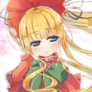 Rating: Safe Score: 0 Tags: 1girl bangs blonde_hair blue_eyes blush bow bowtie dress image long_hair looking_at_viewer shinku sidelocks smile solo twintails upper_body User: admin