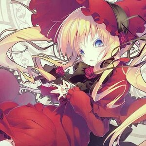 Rating: Safe Score: 0 Tags: 1girl blonde_hair blue_eyes bonnet bow dress flower hat image long_hair long_sleeves looking_at_viewer pink_flower red_dress red_flower rose shinku solo User: admin